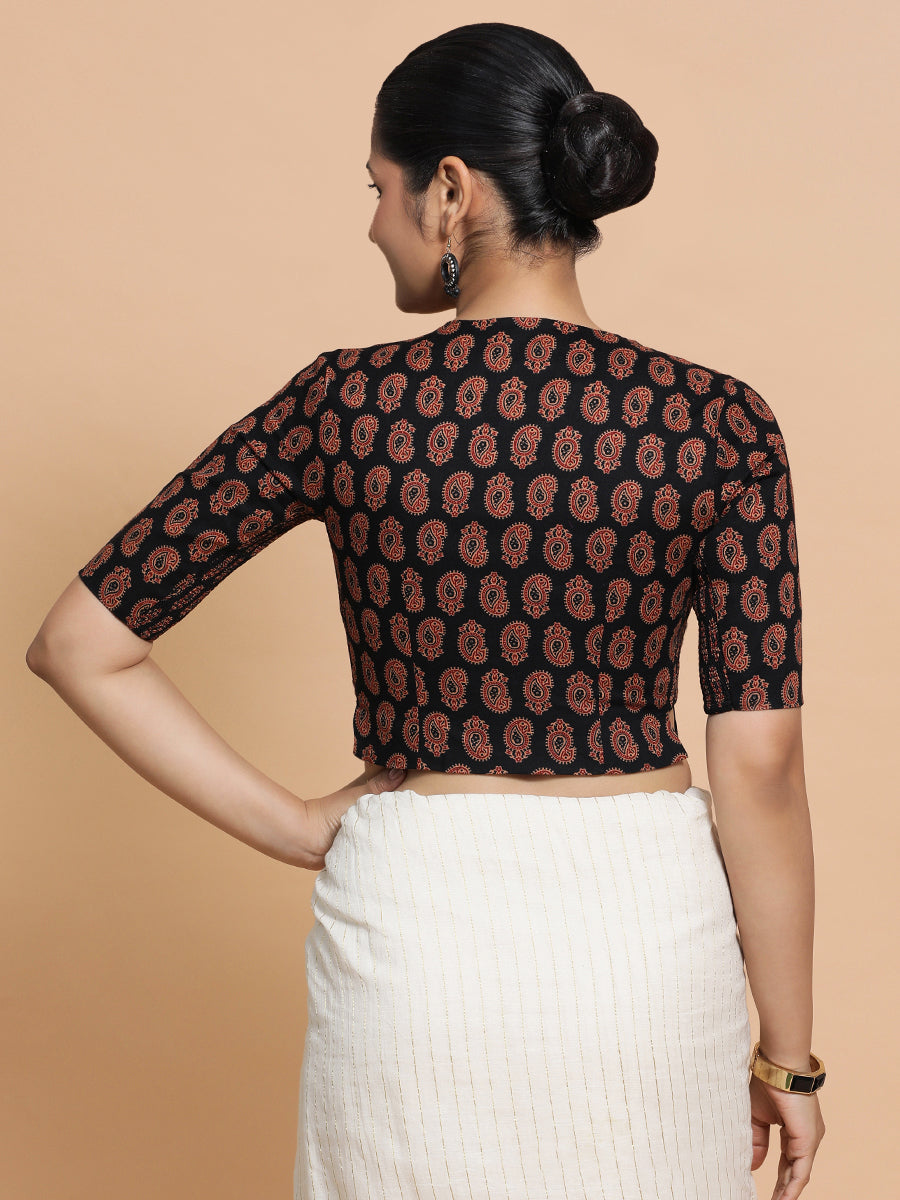 Mishti x Rozaana Saree Blouse, in Black Cotton, featuring elbow sleeves and round neckline, made for daily & work (view 2).