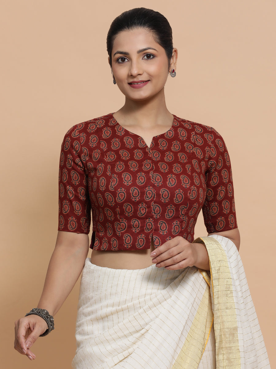 Mishti x Rozaana Saree Blouse, in Red Cotton, featuring elbow sleeves and round neckline, made for daily & work (view 6).