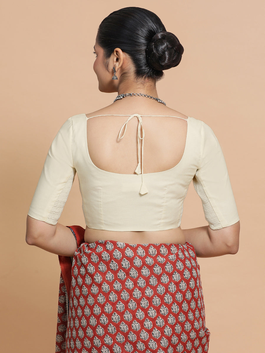 Mithali x Rozaana Saree Blouse, in White Linen, featuring elbow sleeves and round neckline, made for daily & work (view 2).