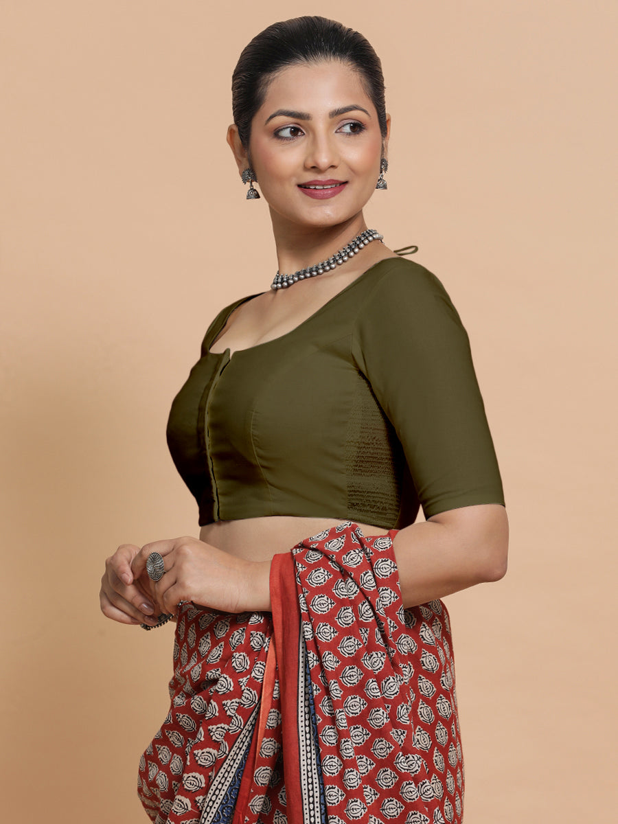 Mithali x Rozaana Saree Blouse, in Green Linen, featuring elbow sleeves and round neckline, made for daily & work (view 5).