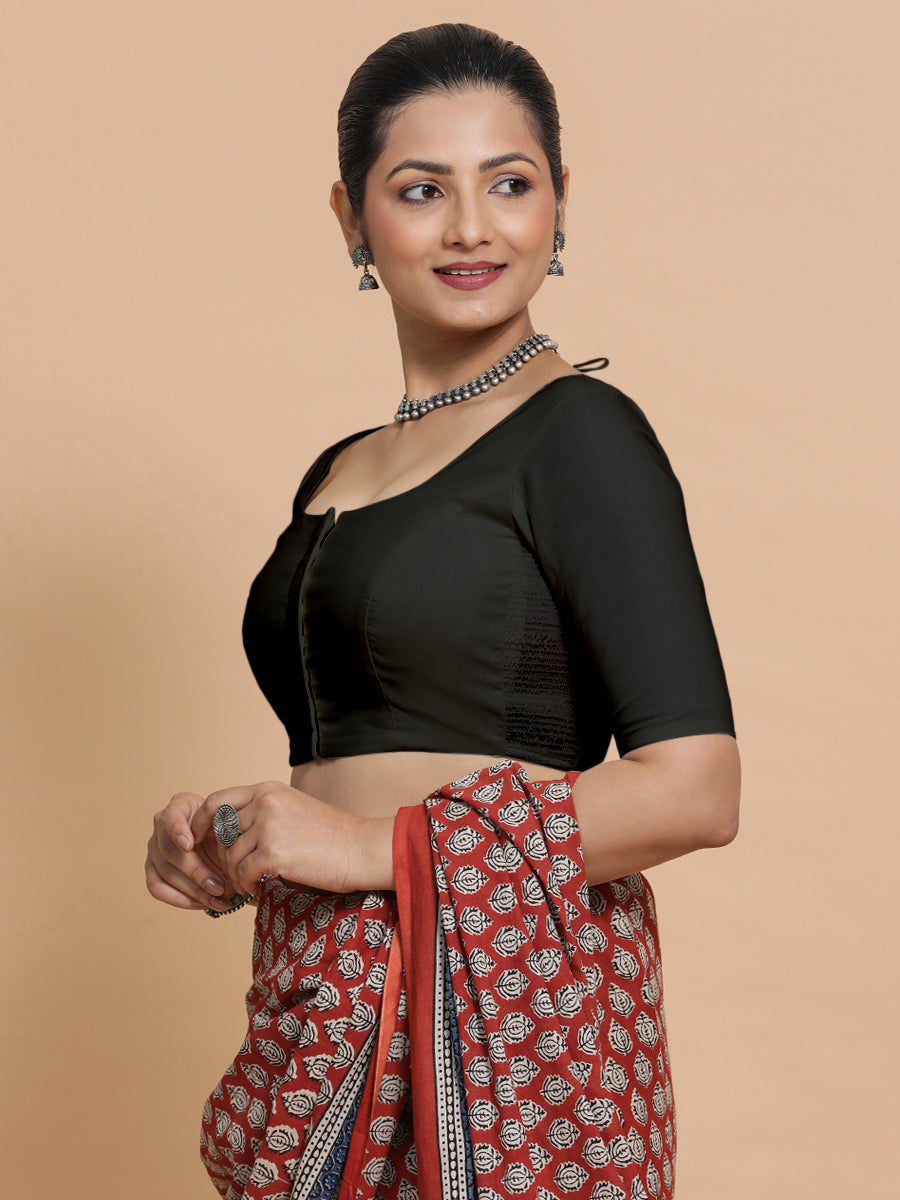 Mithali x Rozaana Saree Blouse, in Black Linen, featuring elbow sleeves and round neckline, made for daily & work (view 5).