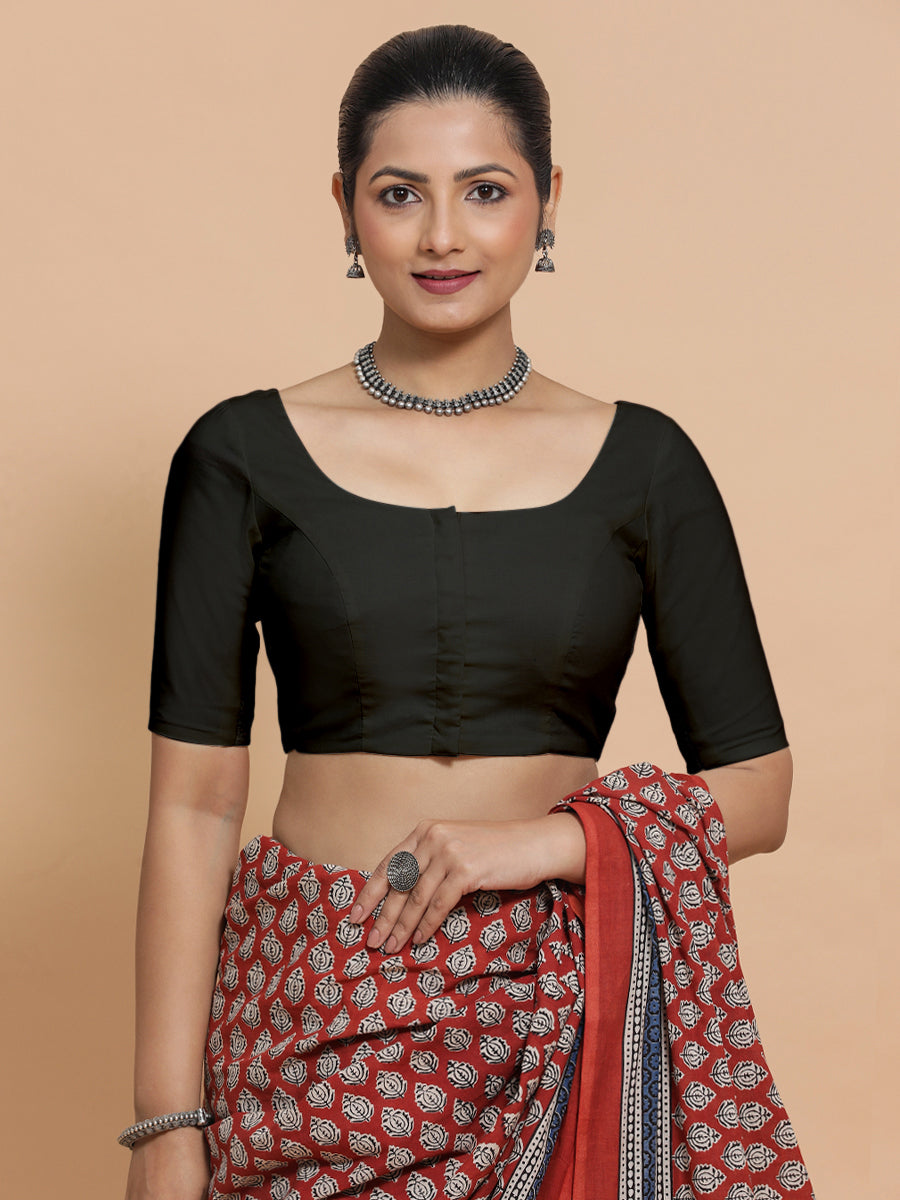 Mithali x Rozaana Saree Blouse, in Black Linen, featuring elbow sleeves and round neckline, made for daily & work (view 6).