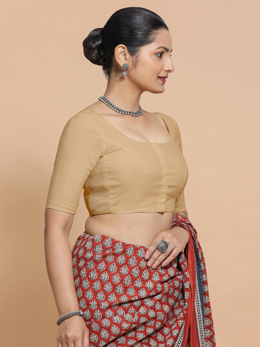 Mithali x Rozaana Saree Blouse, in Beige Linen, featuring elbow sleeves and round neckline, made for daily & work.