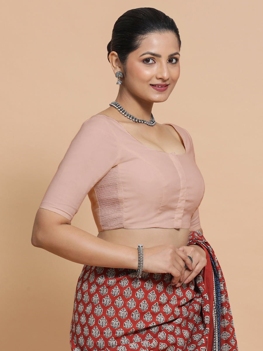 Mithali x Rozaana Saree Blouse, in Pink Linen, featuring elbow sleeves and round neckline, made for daily & work.