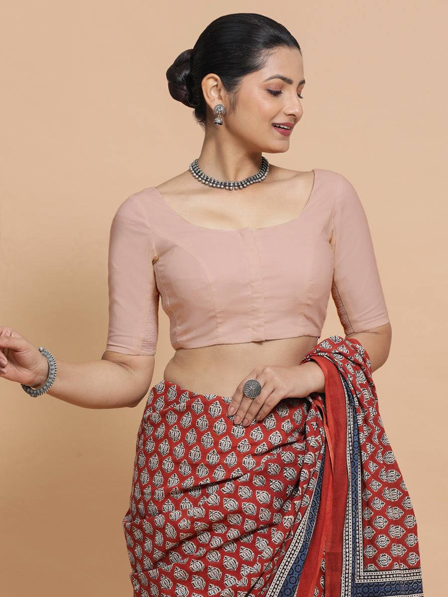 Mithali x Rozaana Saree Blouse, in Pink Linen, featuring elbow sleeves and round neckline, made for daily & work (view 7).