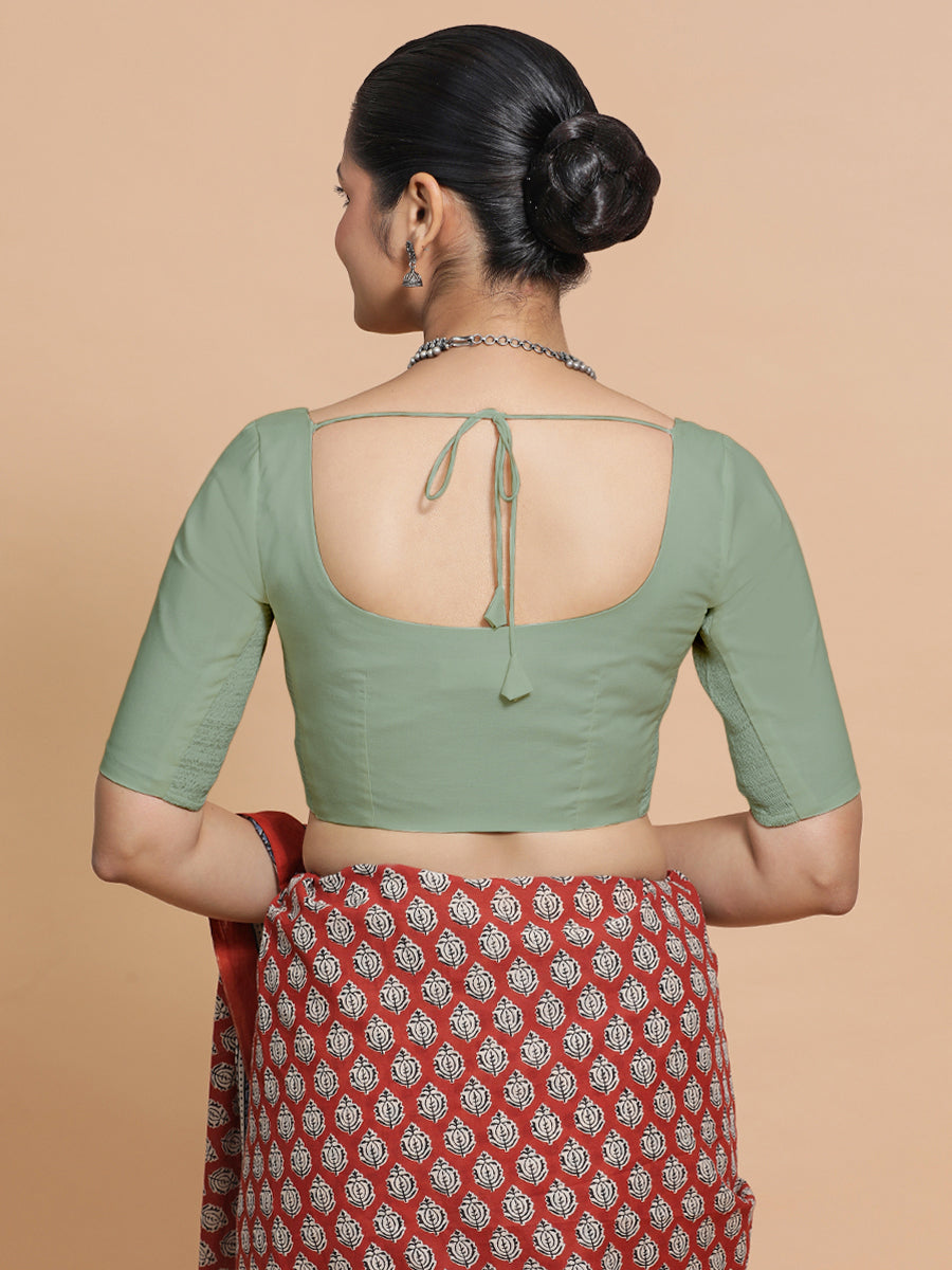 Mithali x Rozaana Saree Blouse, in Green Linen, featuring elbow sleeves and round neckline, made for daily & work (view 2).