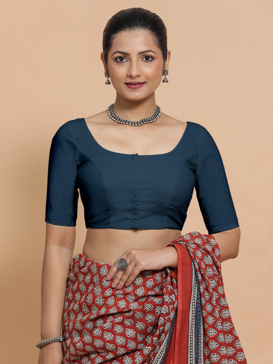 Mithali x Rozaana Saree Blouse, in Blue Linen, featuring elbow sleeves and round neckline, made for daily & work (view 5).