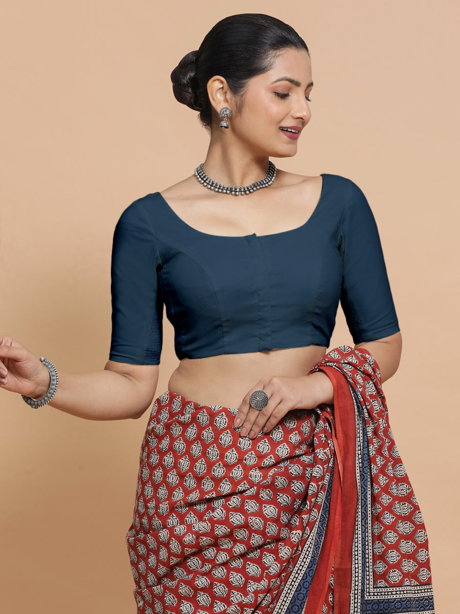 Mithali x Rozaana Saree Blouse, in Blue Linen, featuring elbow sleeves and round neckline, made for daily & work (view 6).