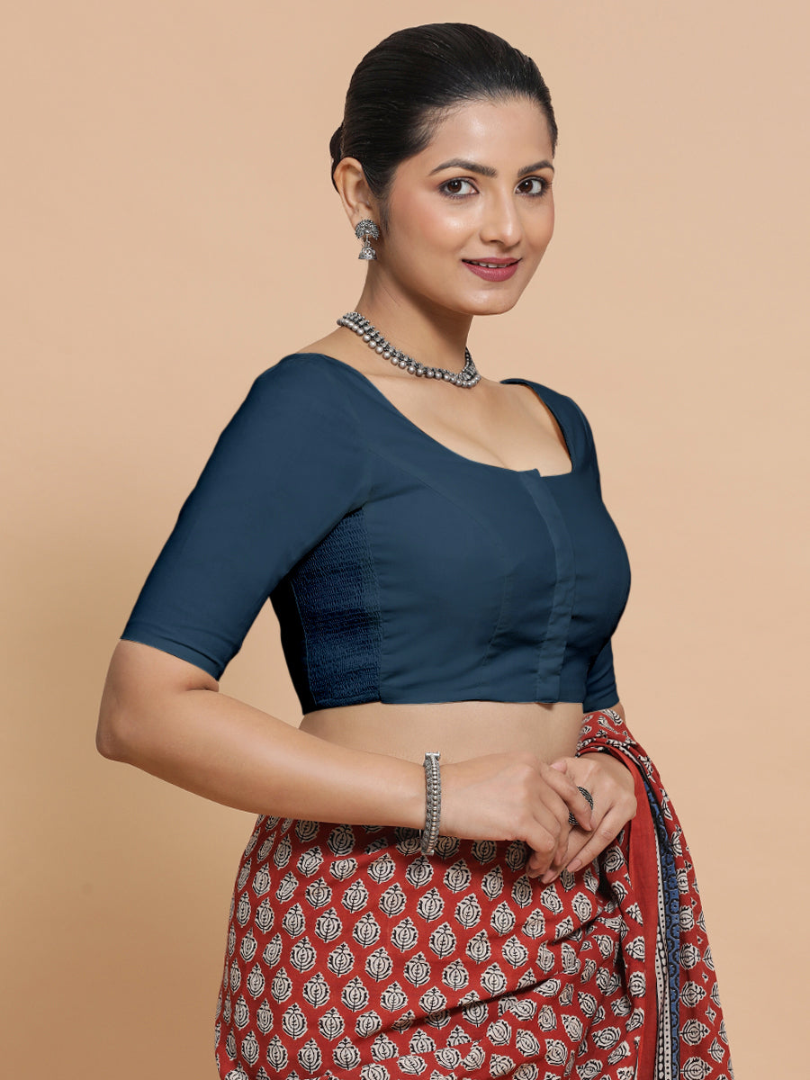 Mithali x Rozaana Saree Blouse, in Blue Linen, featuring elbow sleeves and round neckline, made for daily & work (view 7).