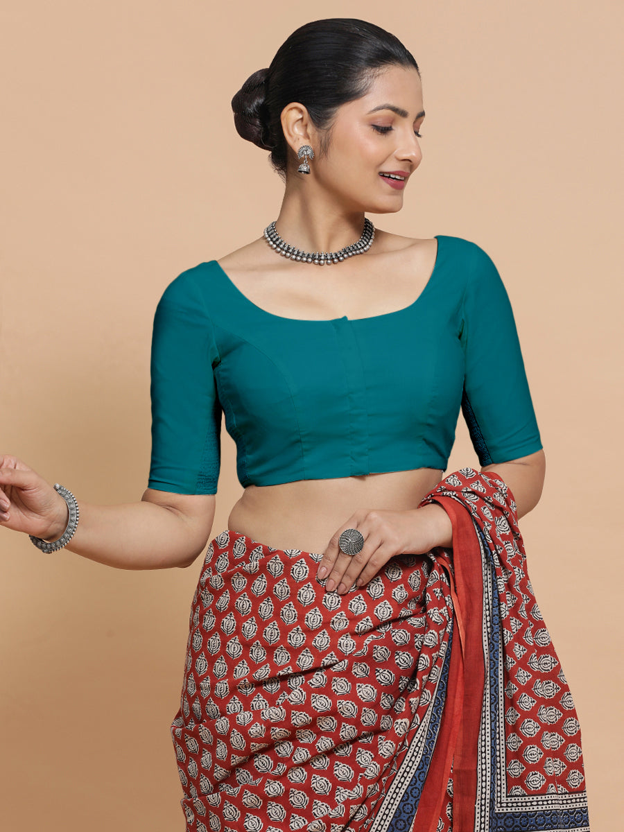 Mithali x Rozaana Saree Blouse, in Blue Linen, featuring elbow sleeves and round neckline, made for daily & work (view 6).