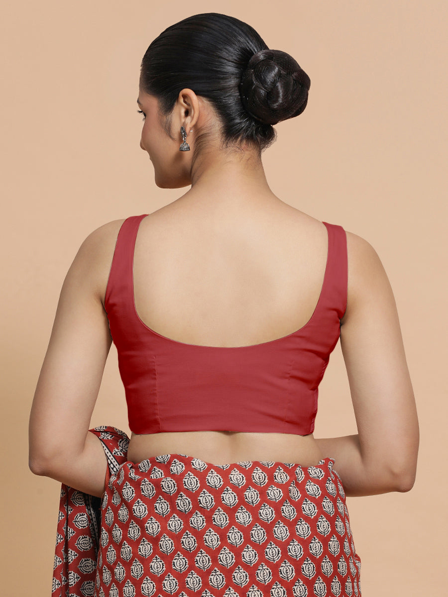 Mohini x Rozaana Saree Blouse, in Red 100% Cotton - Solid, featuring sleeveless and round neckline, made for daily & work.