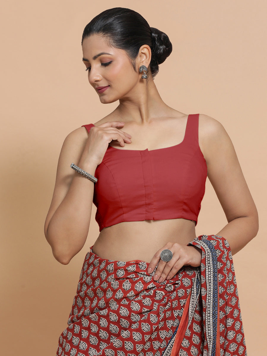 Mohini x Rozaana Saree Blouse, in Red 100% Cotton - Solid, featuring sleeveless and round neckline, made for daily & work.