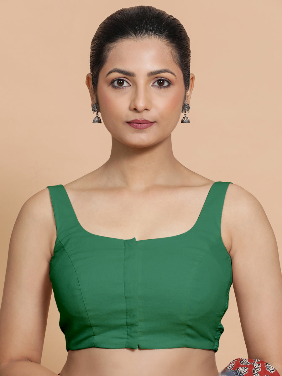 Mohini x Rozaana Saree Blouse, in Green 100% Cotton - Solid, featuring sleeveless and round neckline, made for daily & work.