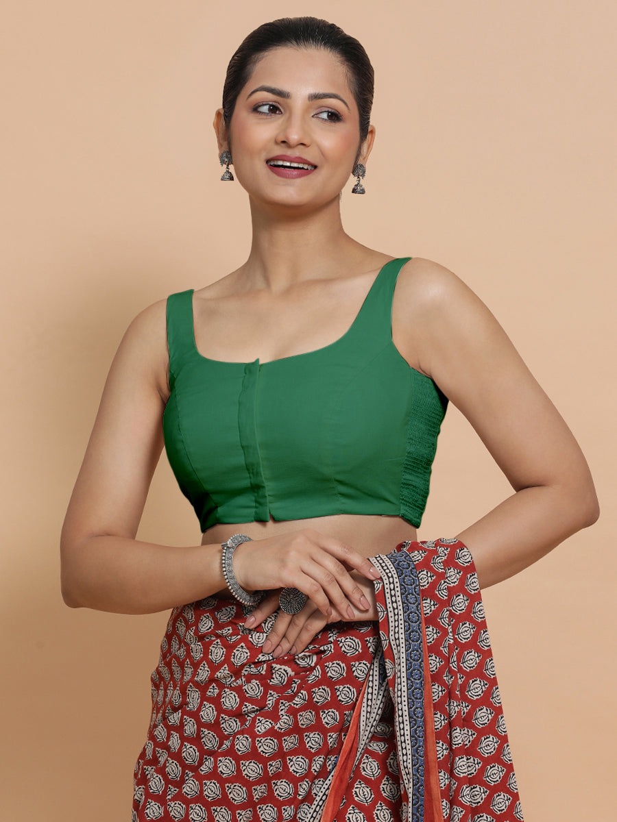 Mohini x Rozaana Saree Blouse, in Green 100% Cotton - Solid, featuring sleeveless and round neckline, made for daily & work.