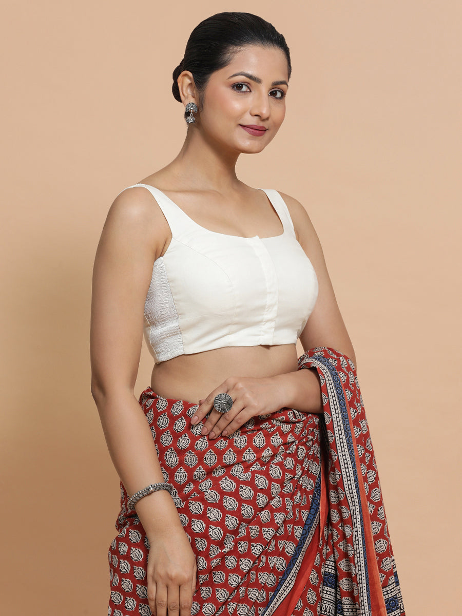 Mohini x Rozaana Saree Blouse, in White Cotton, featuring sleeveless and round neckline, made for daily & work (view 7).