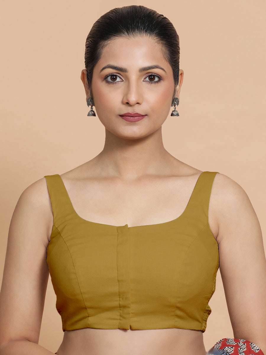 Mohini x Rozaana Saree Blouse, in Yellow Cotton, featuring sleeveless and round neckline, made for daily & work (view 4).