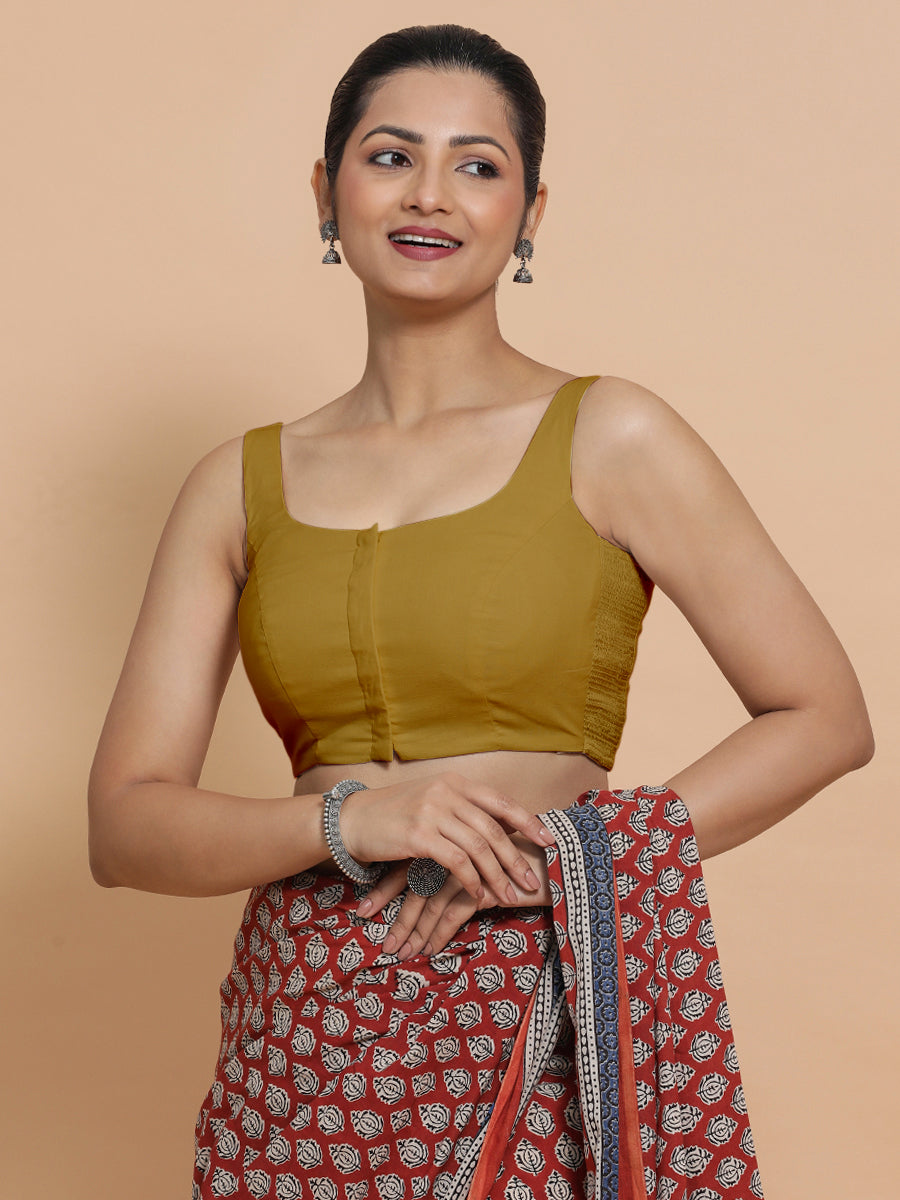 Mohini x Rozaana Saree Blouse, in Yellow Cotton, featuring sleeveless and round neckline, made for daily & work (view 5).