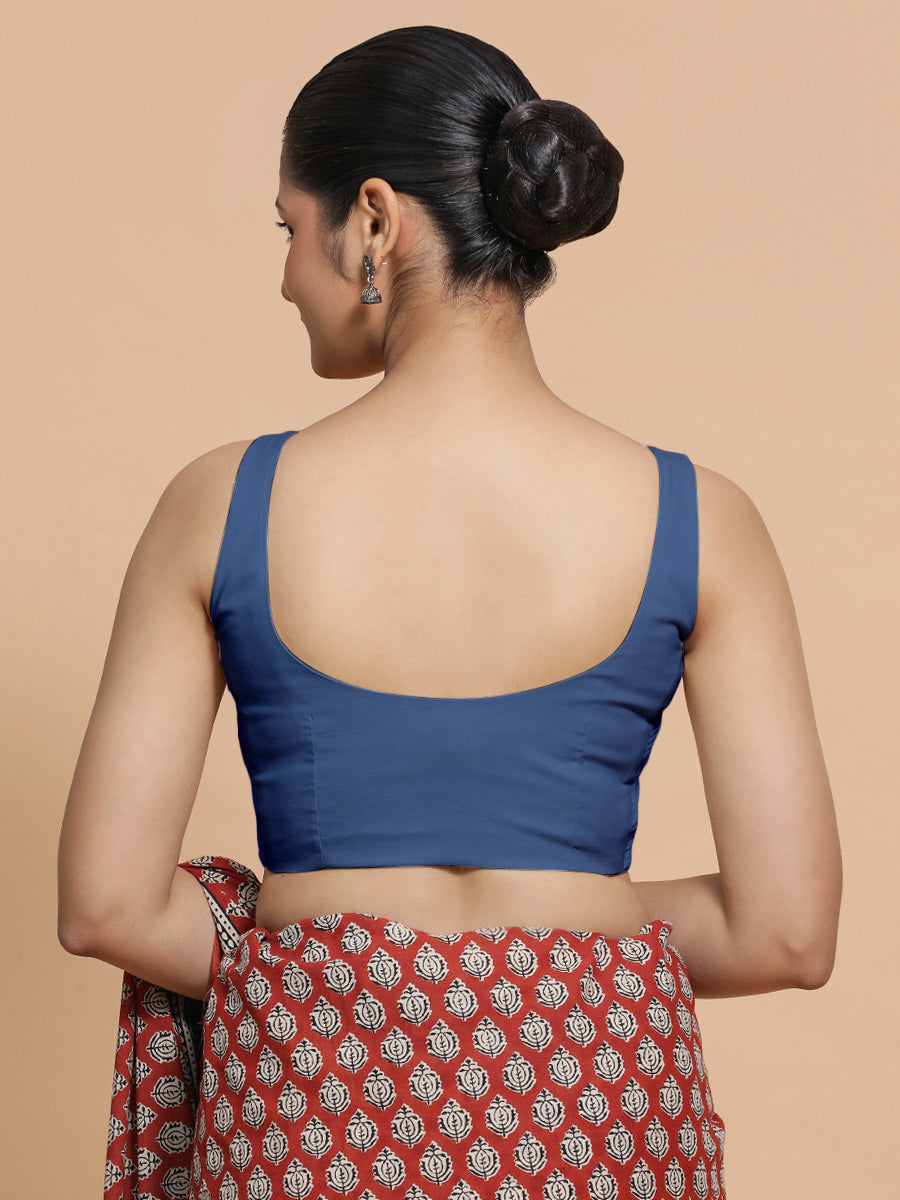 Mohini x Rozaana Saree Blouse, in Blue 100% Cotton - Solid, featuring sleeveless and round neckline, made for daily & work.