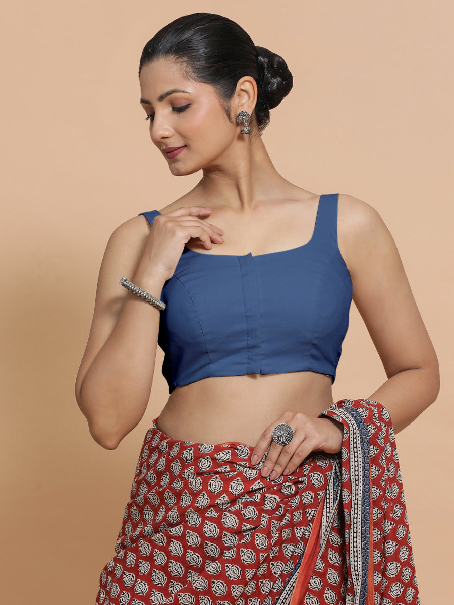 Mohini x Rozaana Saree Blouse, in Blue 100% Cotton - Solid, featuring sleeveless and round neckline, made for daily & work.