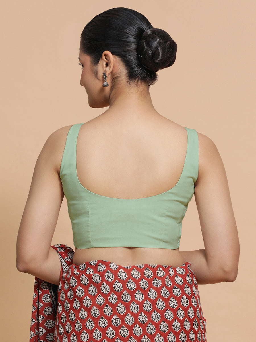 Mohini x Rozaana Saree Blouse, in Green Cotton, featuring sleeveless and round neckline, made for daily & work (view 2).