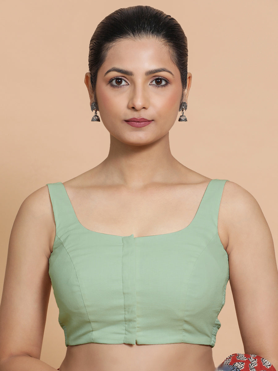 Mohini x Rozaana Saree Blouse, in Green Cotton, featuring sleeveless and round neckline, made for daily & work (view 4).