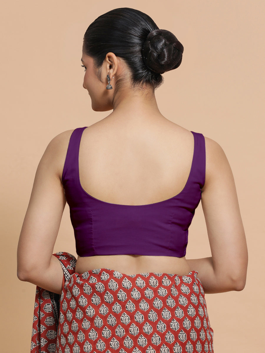Mohini x Rozaana Saree Blouse, in Purple Cotton, featuring sleeveless and round neckline, made for daily & work (view 2).