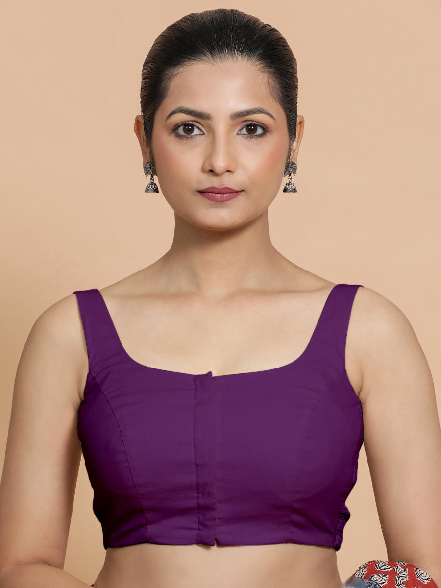 Mohini x Rozaana Saree Blouse, in Purple Cotton, featuring sleeveless and round neckline, made for daily & work (view 4).
