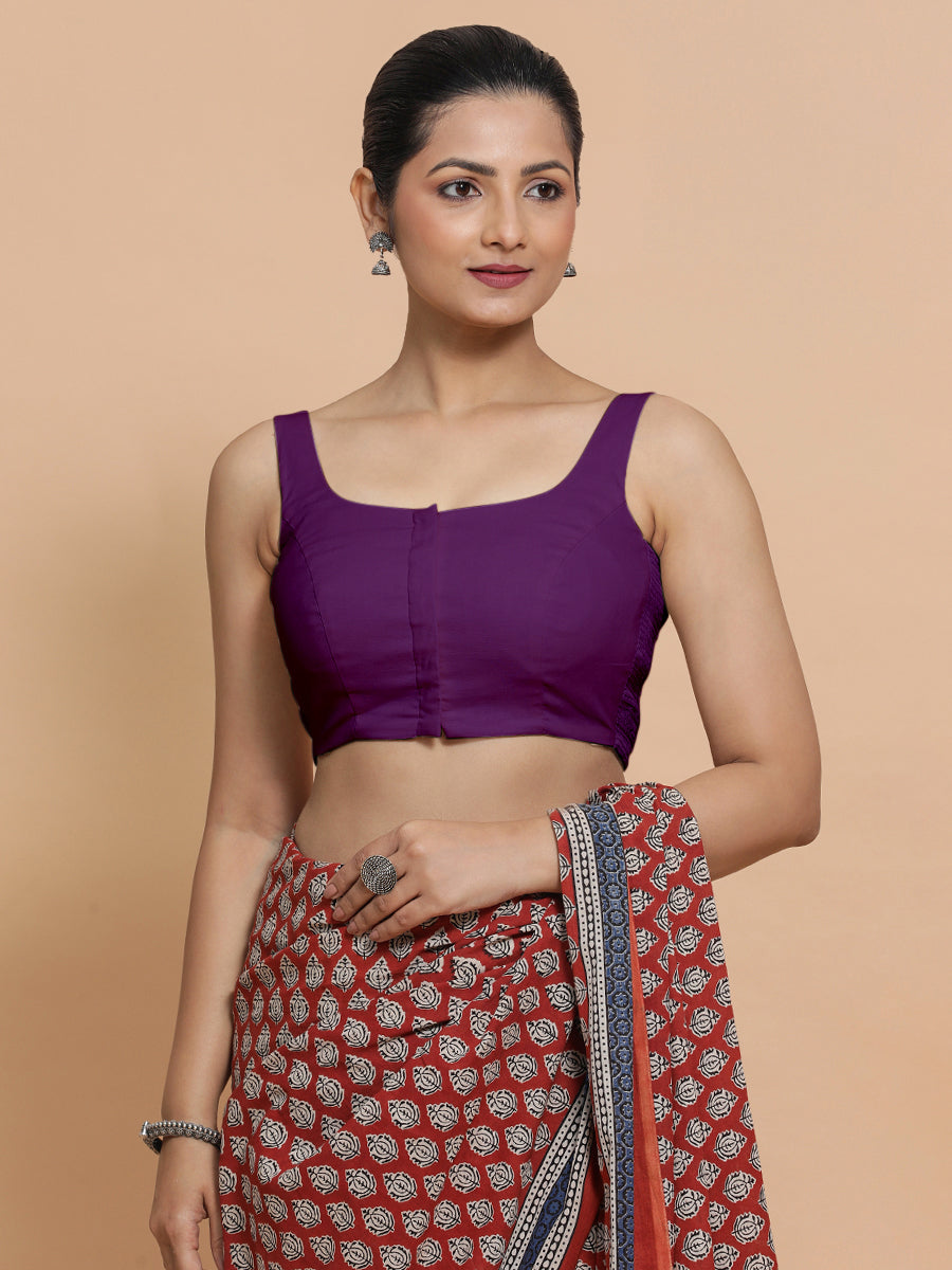 Mohini x Rozaana Saree Blouse, in Purple Cotton, featuring sleeveless and round neckline, made for daily & work (view 5).