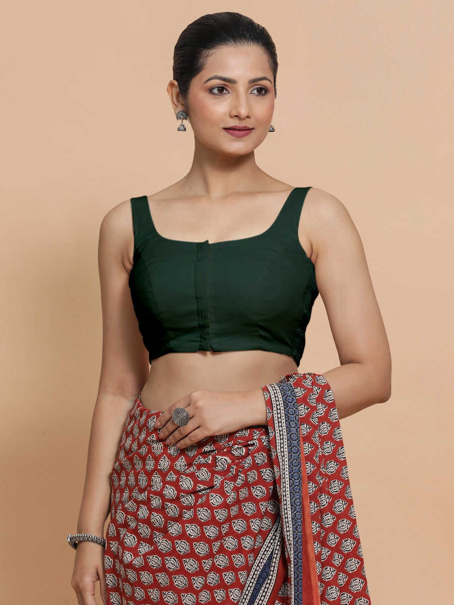 Mohini x Rozaana Saree Blouse, in Green Cotton, featuring sleeveless and round neckline, made for daily & work (view 5).