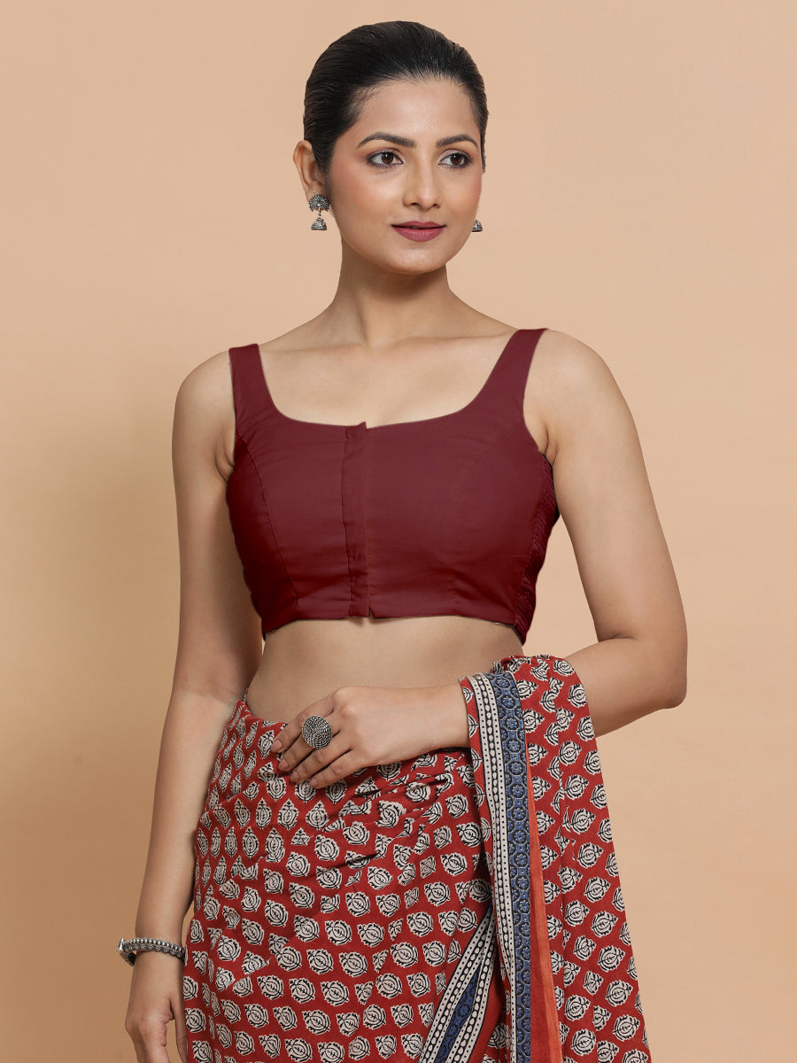 Mohini x Rozaana Saree Blouse, in Maroon Cotton, featuring sleeveless and round neckline, made for daily & work (view 5).