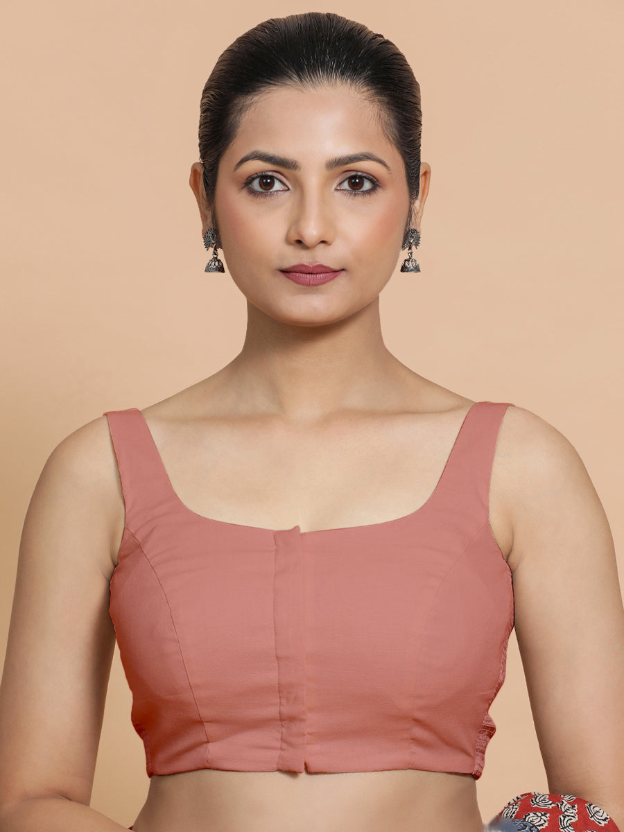 Mohini x Rozaana Saree Blouse, in Peach Cotton, featuring sleeveless and round neckline, made for daily & work (view 4).