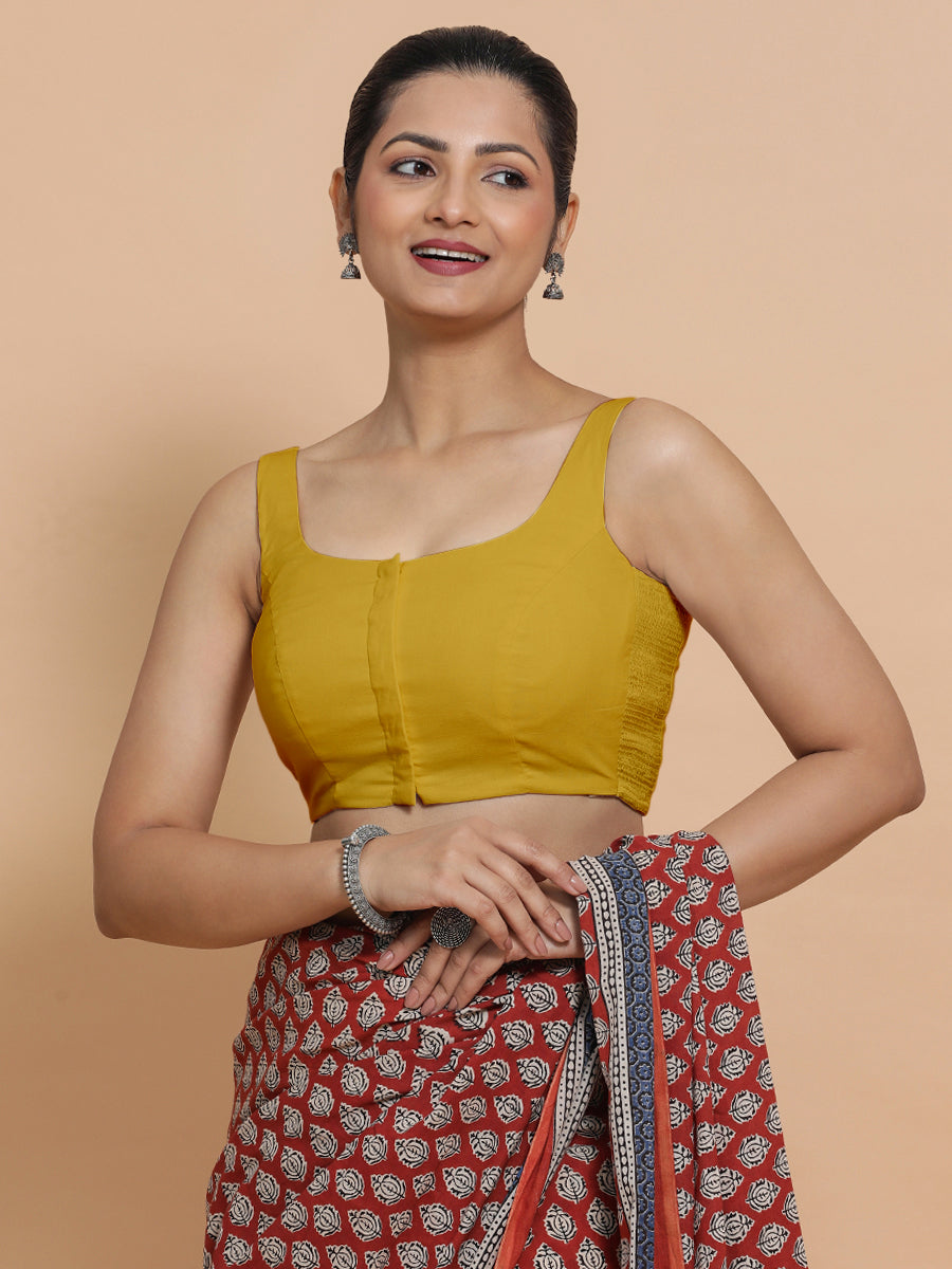 Mohini x Rozaana Saree Blouse, in Yellow Cotton, featuring sleeveless and round neckline, made for daily & work (view 6).