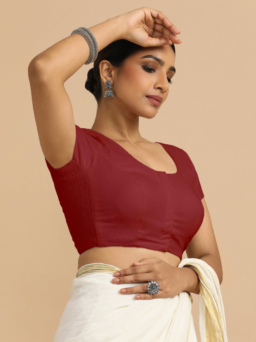 Mona x Rozaana Saree Blouse, in Red 70% Cotton 30% Linen, featuring short sleeves and round neckline, made for daily & work.