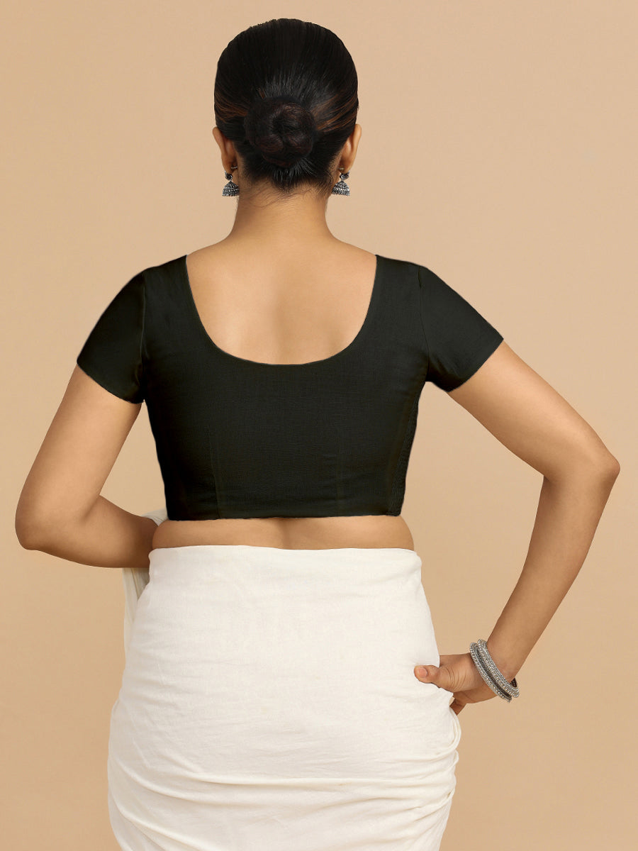 Mona x Rozaana Saree Blouse, in Black 70% Cotton 30% Linen, featuring short sleeves and round neckline (view 2).