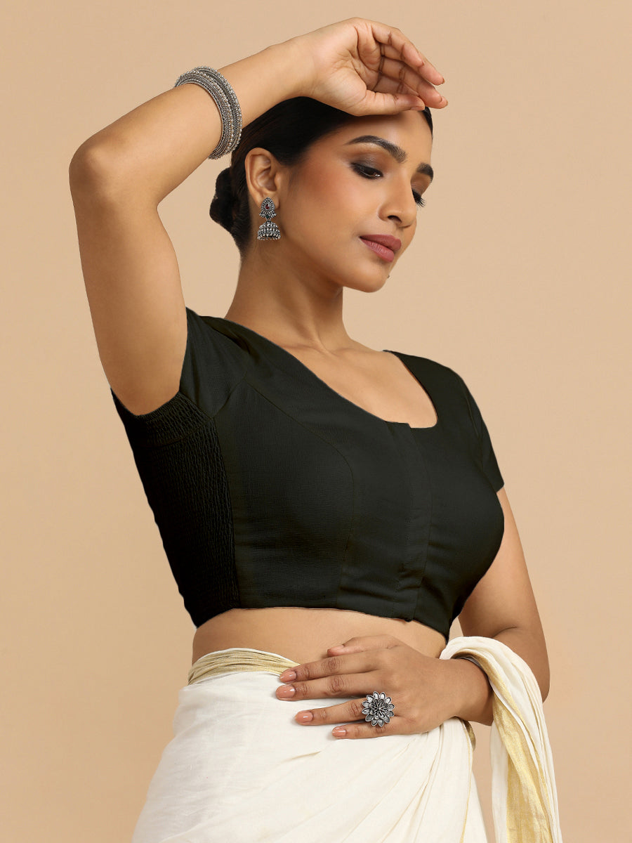 Mona x Rozaana Saree Blouse, in Black 70% Cotton 30% Linen, featuring short sleeves and round neckline (view 5).