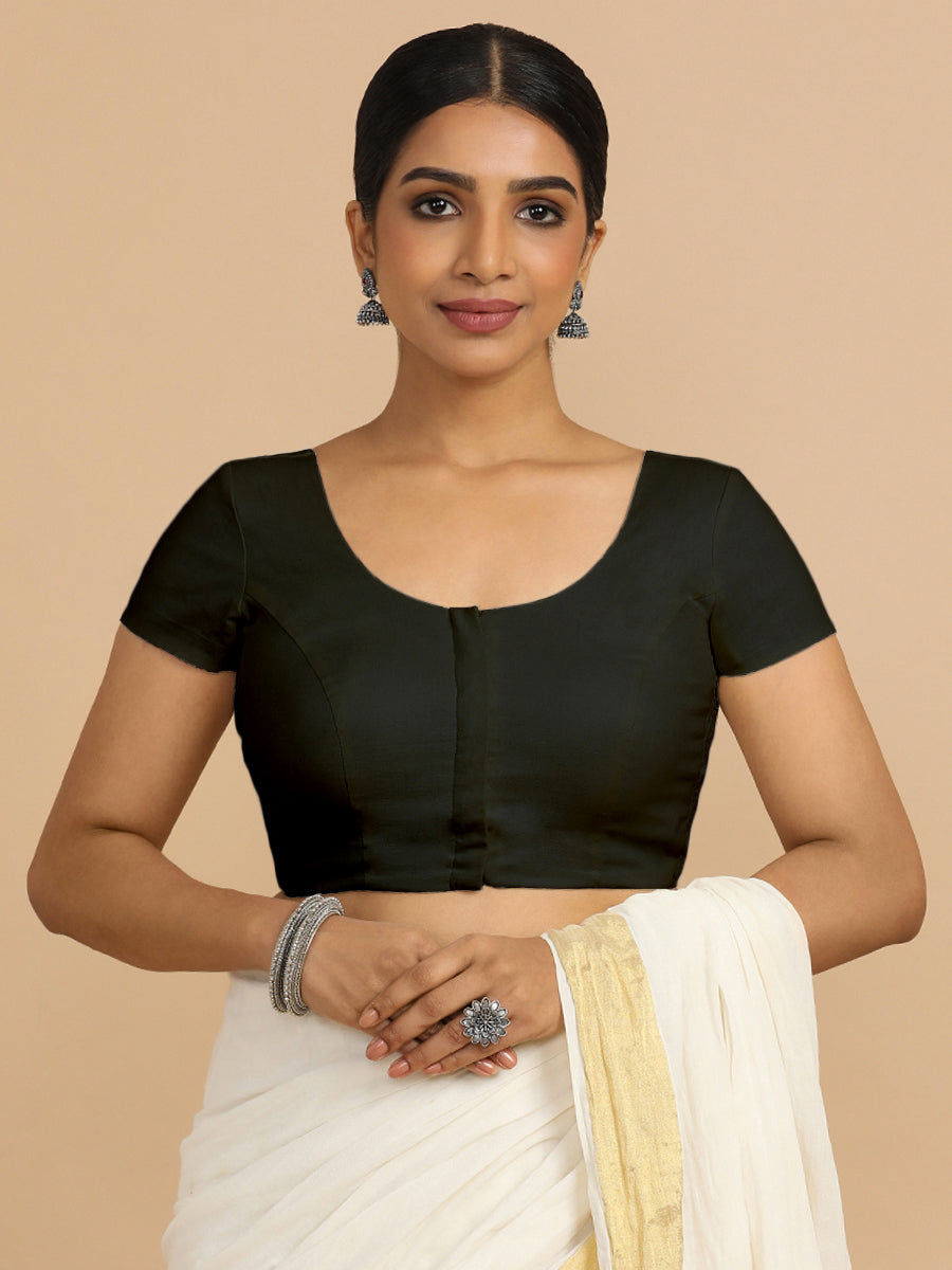 Mona x Rozaana Saree Blouse, in Black 70% Cotton 30% Linen, featuring short sleeves and round neckline (view 6).