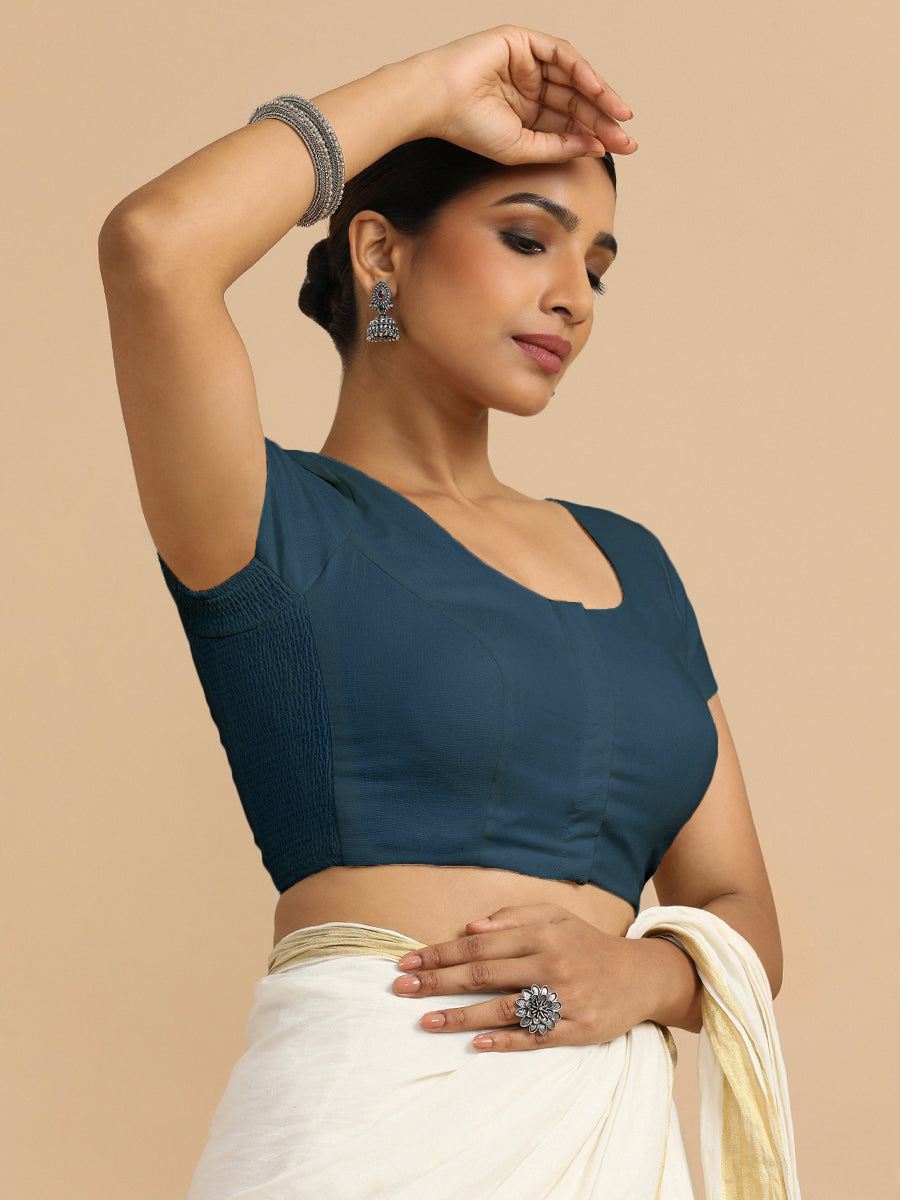 Mona x Rozaana Saree Blouse, in Blue 70% Cotton 30% Linen, featuring short sleeves and round neckline, made for daily & work.