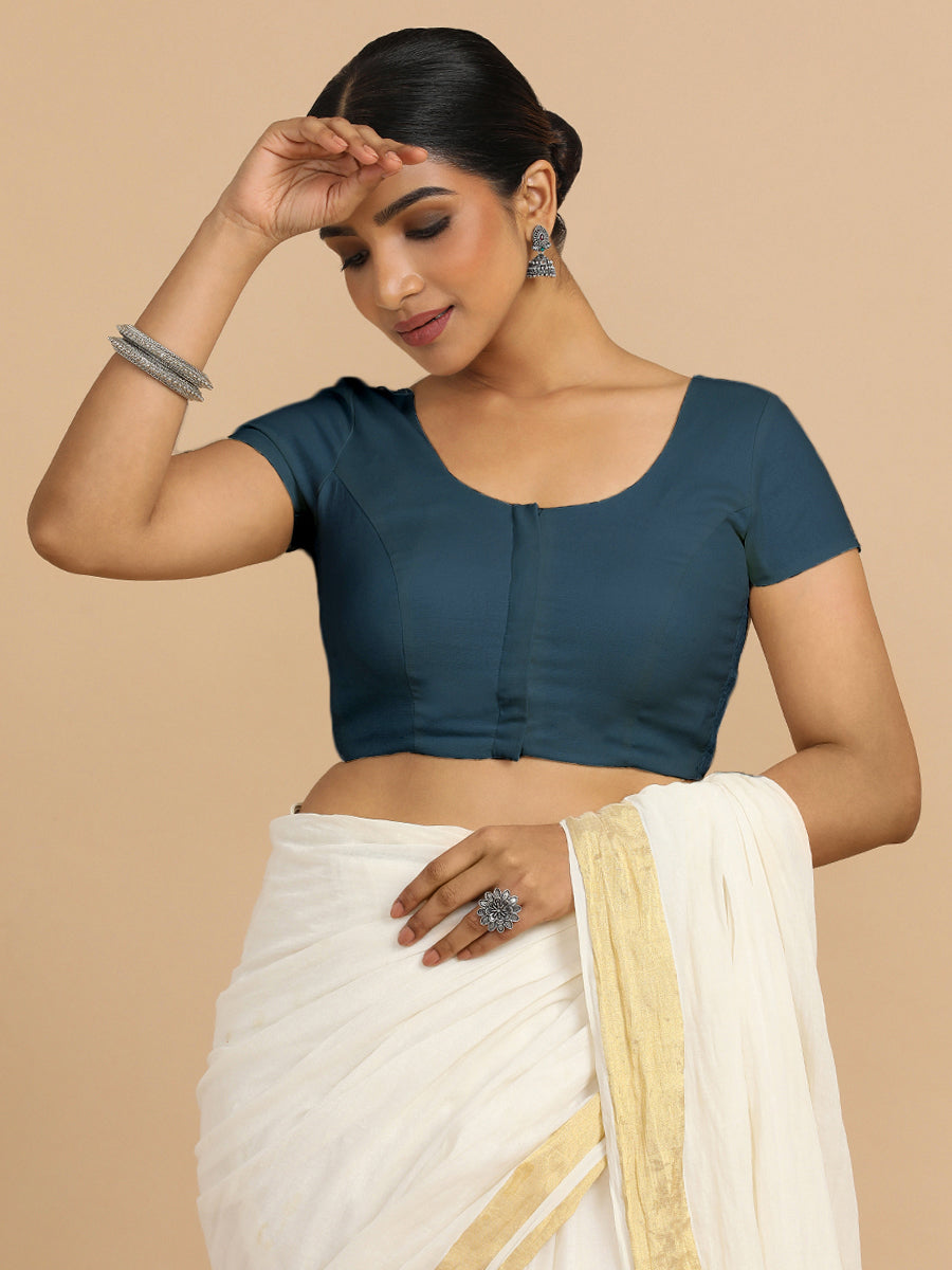 Mona x Rozaana Saree Blouse, in Blue 70% Cotton 30% Linen, featuring short sleeves and round neckline, made for daily & work.