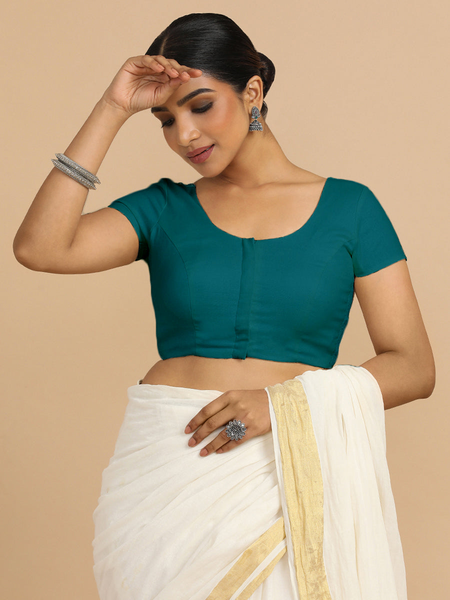 Mona x Rozaana Saree Blouse, in Blue 70% Cotton 30% Linen, featuring short sleeves and round neckline, made for daily & work.
