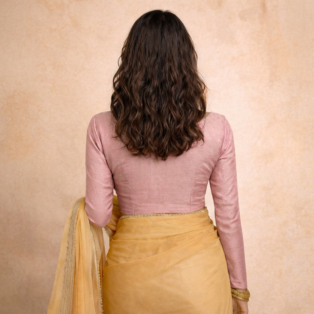 Mumtaz x Tyohaar Saree Blouse, in Pink Chandheri, featuring full sleeves and boat neckline, made for party & festive (view 2).