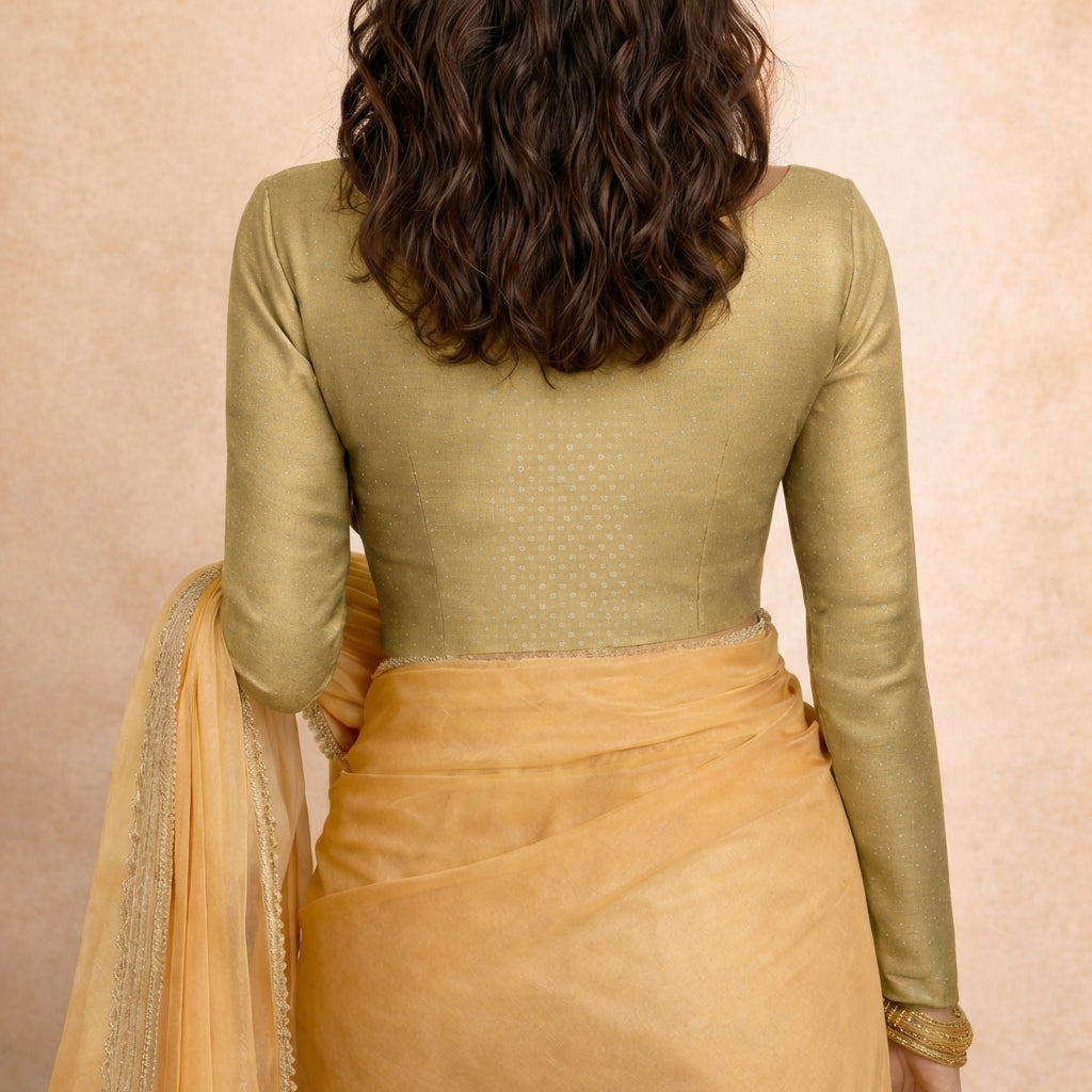 Mumtaz x Tyohaar Saree Blouse, in Gold Chandheri, featuring full sleeves and boat neckline, made for party & festive (view 2).