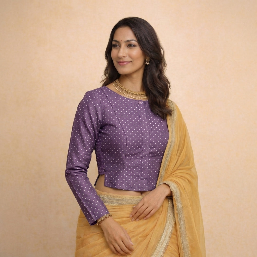 Mumtaz x Tyohaar | Full Sleeves Purple Foil Chandheri Saree Blouse