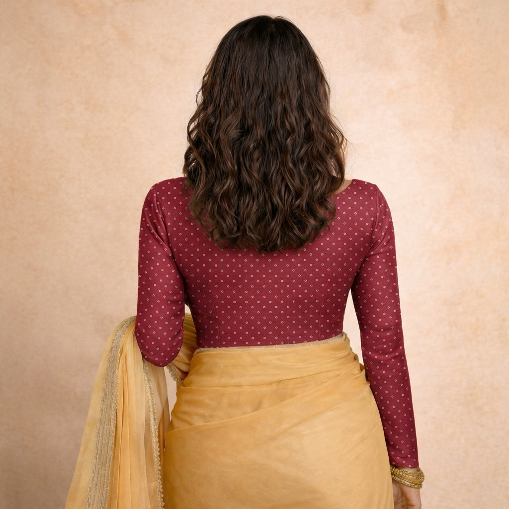 Mumtaz x Tyohaar Saree Blouse, in Red Chandheri, featuring full sleeves and boat neckline, made for party & festive (view 2).