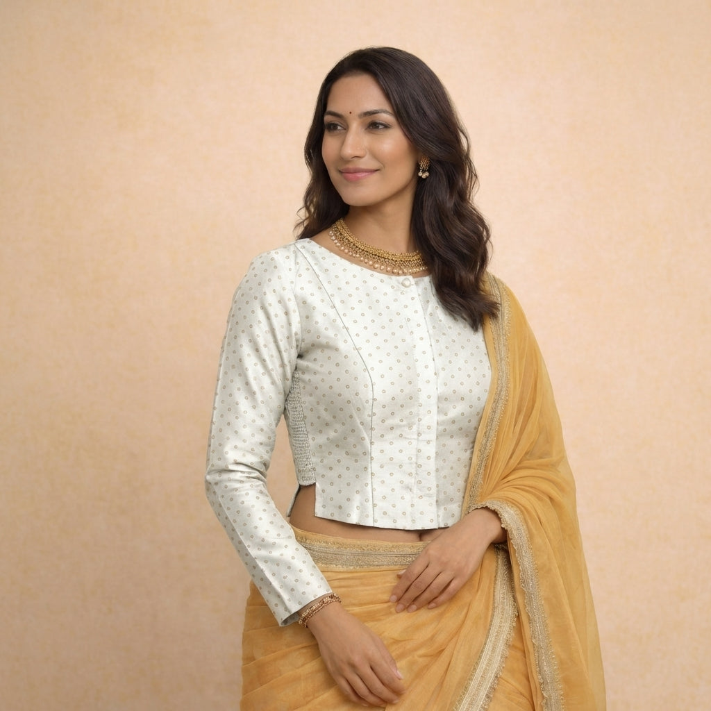 Mumtaz x Tyohaar Saree Blouse, in White Chandheri, featuring full sleeves and boat neckline, made for party & festive.