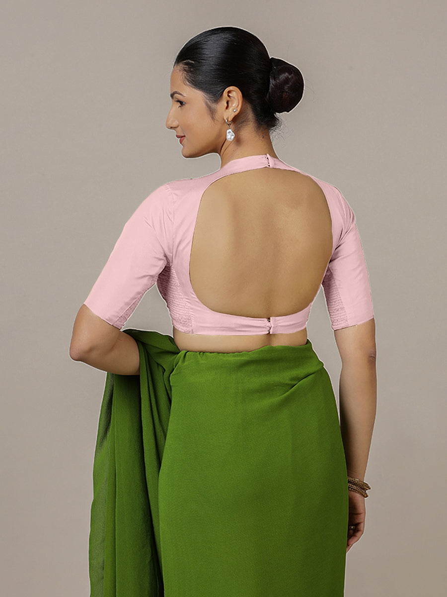 Myra x Rozaana Saree Blouse, in Pink Artificial Silk, featuring elbow sleeves and jewel neckline, made for party & festive.