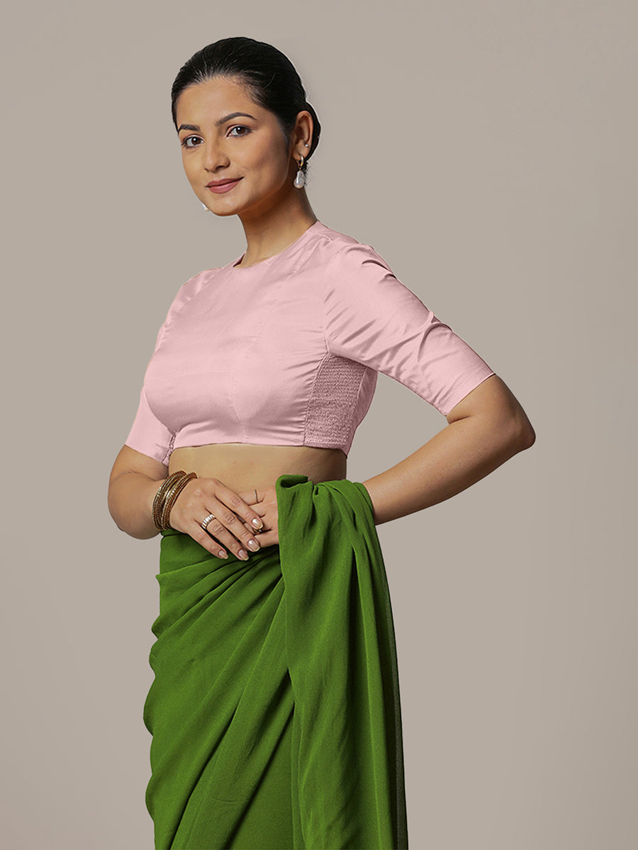 Myra x Rozaana Saree Blouse, in Pink Artificial Silk, featuring elbow sleeves and jewel neckline, made for party & festive.