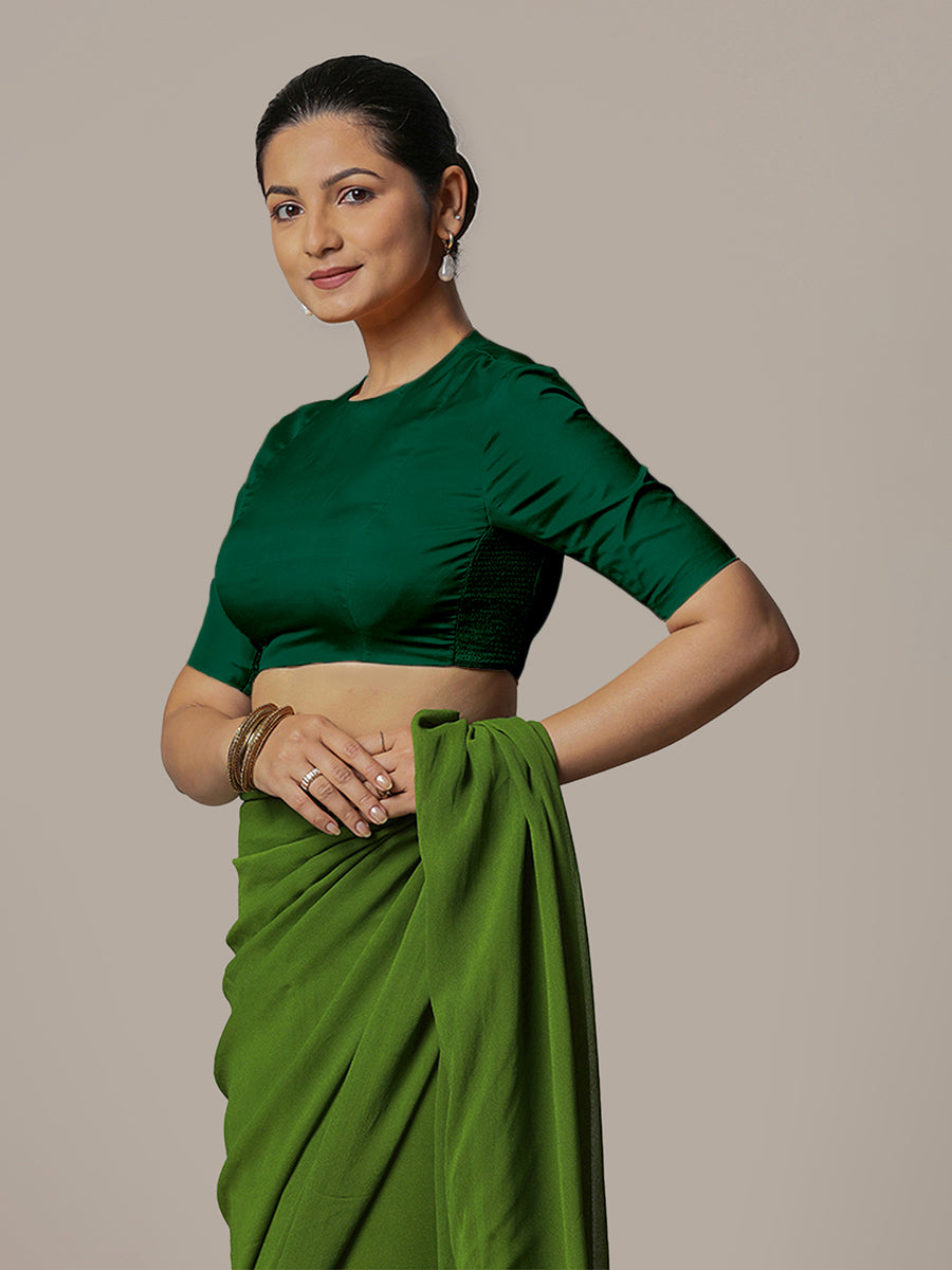 Myra x Rozaana Saree Blouse, in Green Vegan Silk, featuring elbow sleeves and jewel neckline, made for party & festive (view 5).