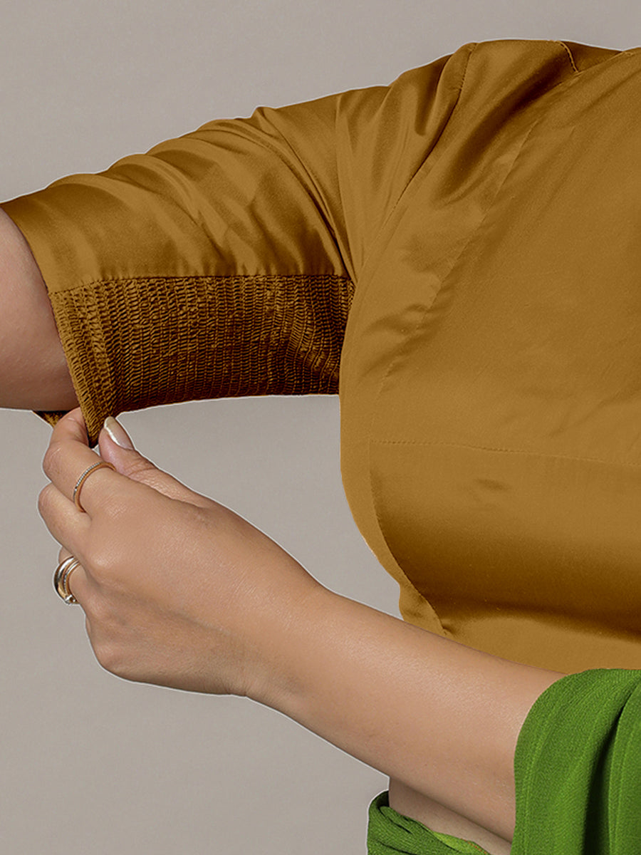 Myra x Rozaana Saree Blouse, in Gold Vegan Silk, featuring elbow sleeves and jewel neckline, made for party & festive (view 4).