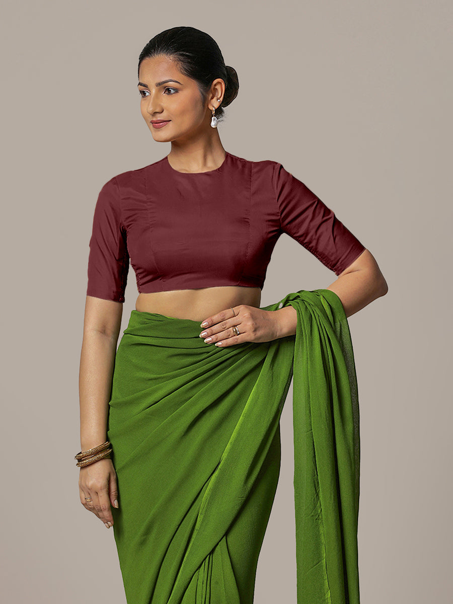 Myra x Rozaana Saree Blouse, in Maroon Vegan Silk, featuring elbow sleeves and jewel neckline, made for party & festive.