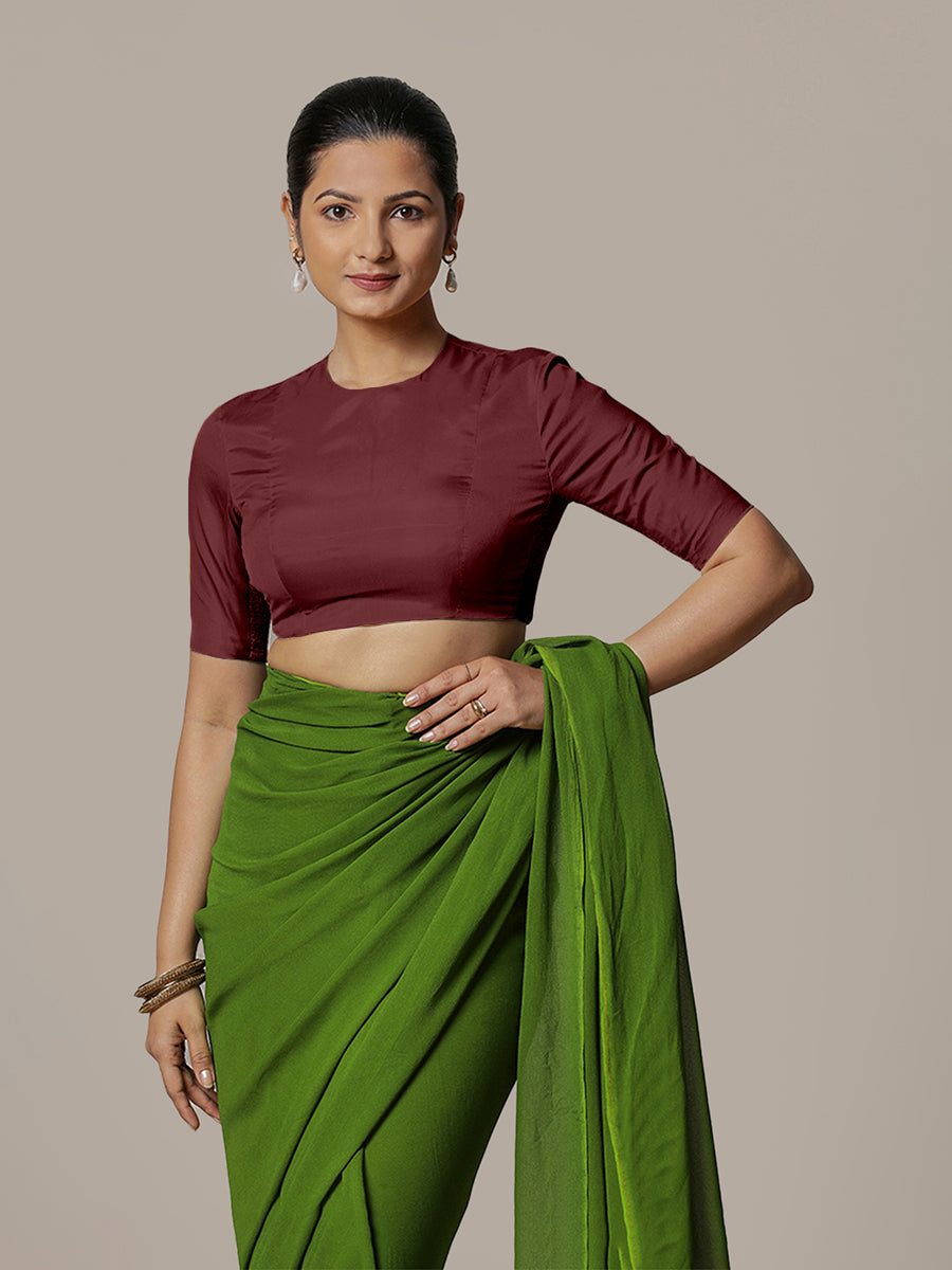 Myra x Rozaana Saree Blouse, in Maroon Vegan Silk, featuring elbow sleeves and jewel neckline, made for party & festive.